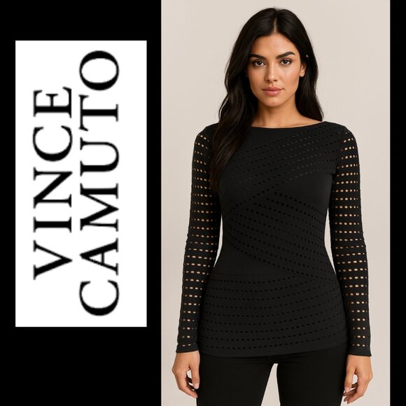Vince Camuto Black Mesh-Like Long-Sleeve Bandage Top - Picture 1 of 12